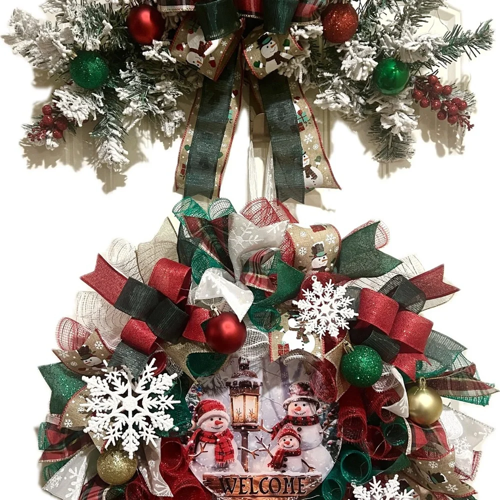 Handmade Christmas Snowman Holiday Door Wreath & Swag Bundle 22 ins W88